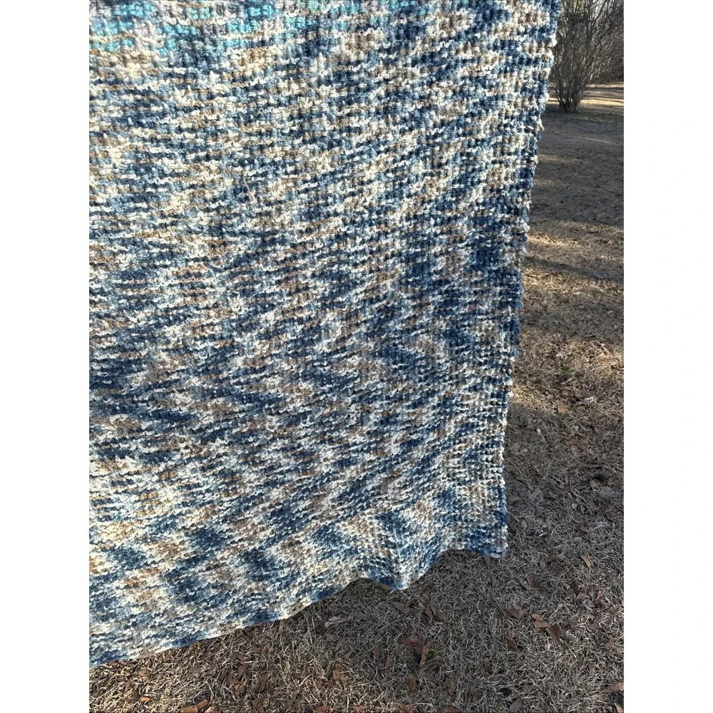 Beautiful Handmade Hand Crocheted Blue Brown And Ivory 56 X 84